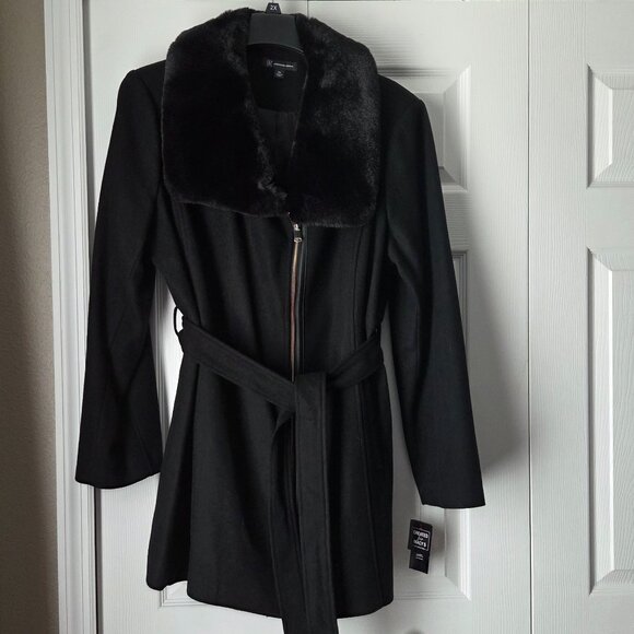 NWT INC International Concepts Women's Black Faux Fur Coat With Belt - Picture 4 of 12